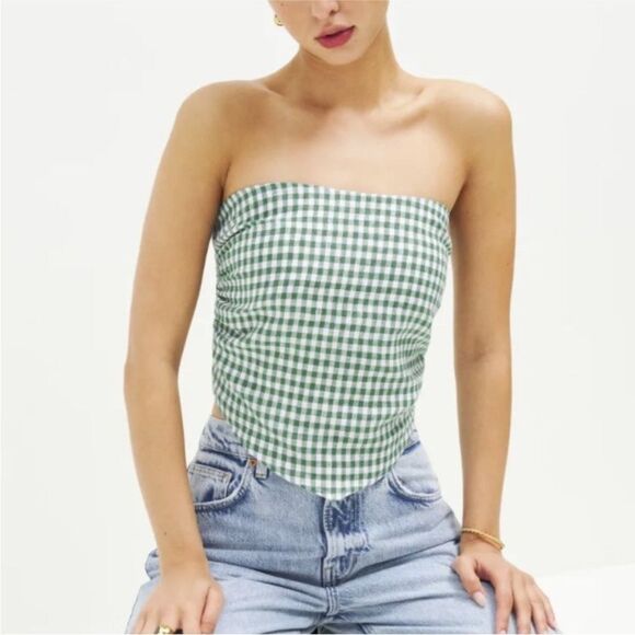 Reformation Dillon Linen Top in Gingham Palms 12 Handkerchief Tube Top NEW - Picture 2 of 5